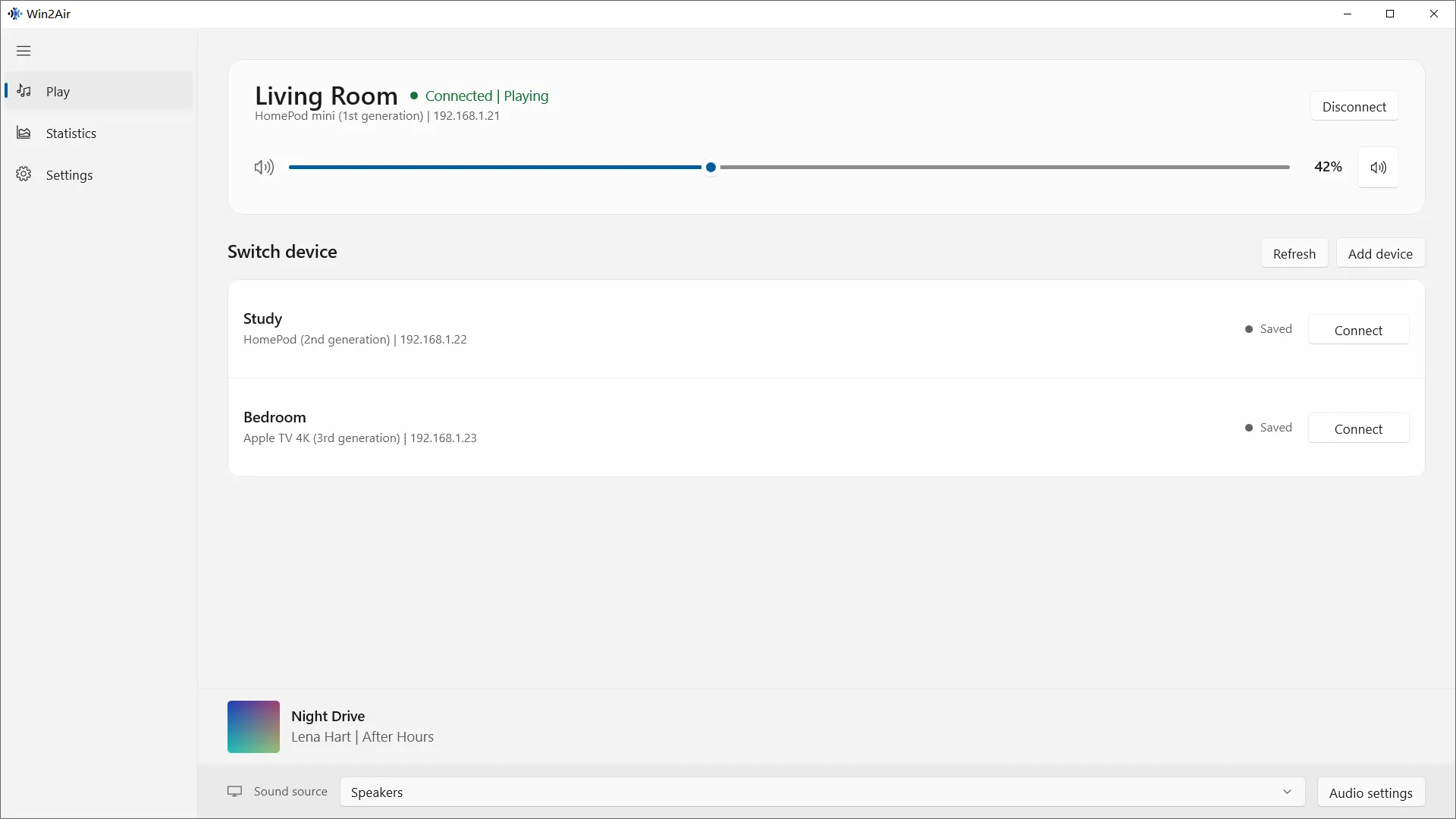 Win2Air playback page with a connected HomePod and receiver list